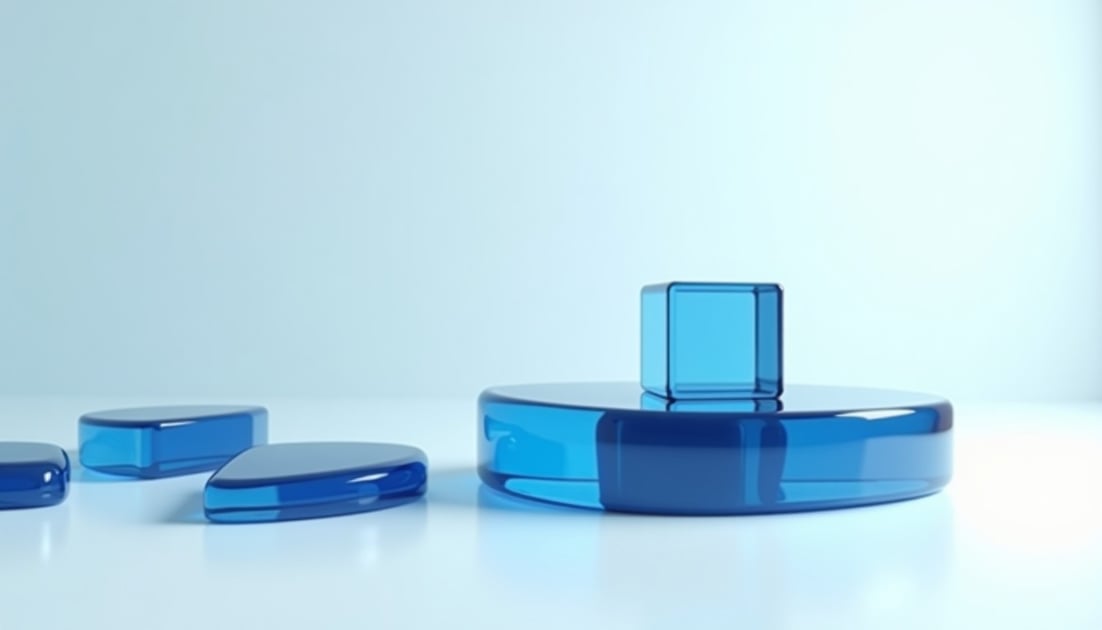 Scattered blue glass slabs on the left resolving into a single level platform on the right, with one cube resting on top