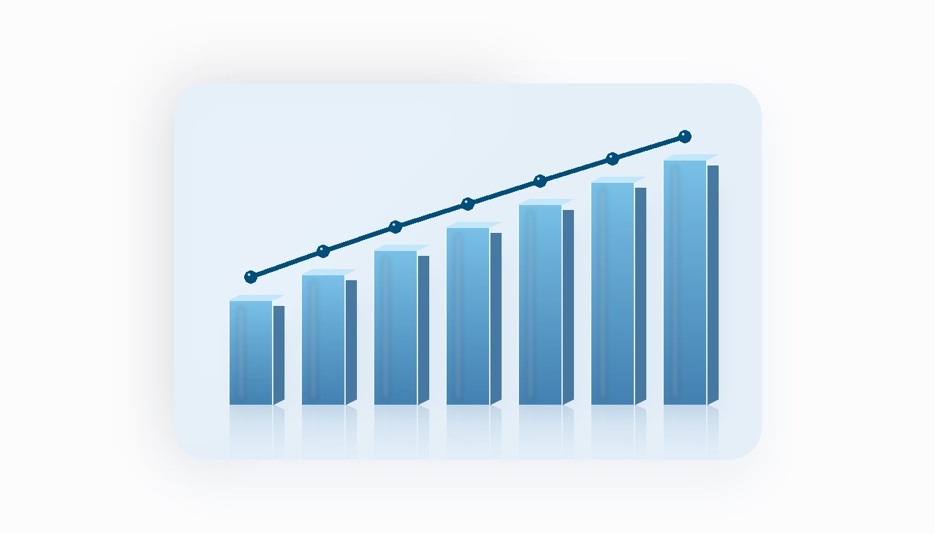 Glass bar chart rising from left to right with a line connecting the top of each bar