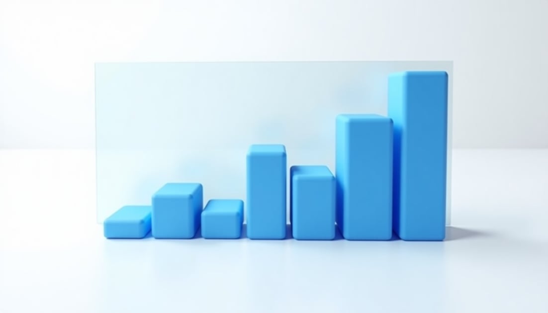 A clean blue analytics dashboard with rising chart tiles