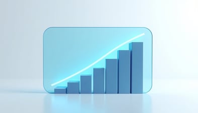 Glass dashboard screen showing a rising bar chart with a glowing line graph across the bars