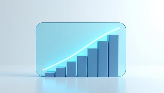 Glass dashboard screen showing a rising bar chart with a glowing line graph across the bars