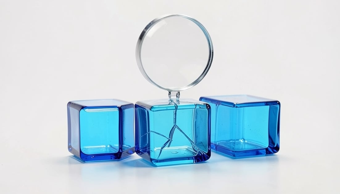 Three blue glass cubes in a row, the middle one cracked, with a clear round lens standing over the crack