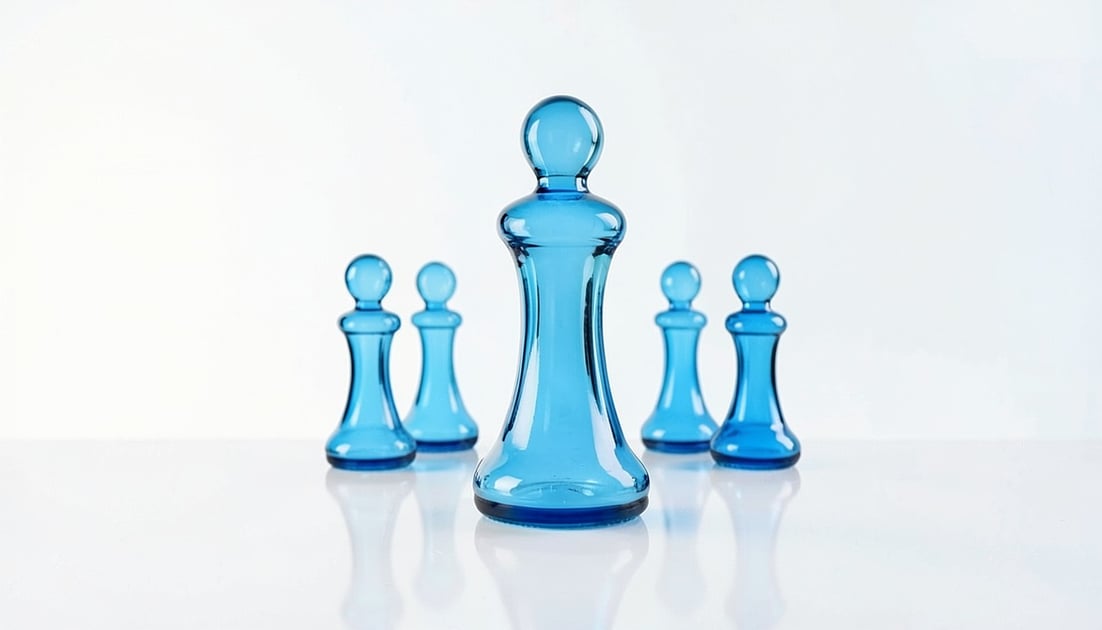 Five stylised blue glass figures, one taller figure standing in front leading the group