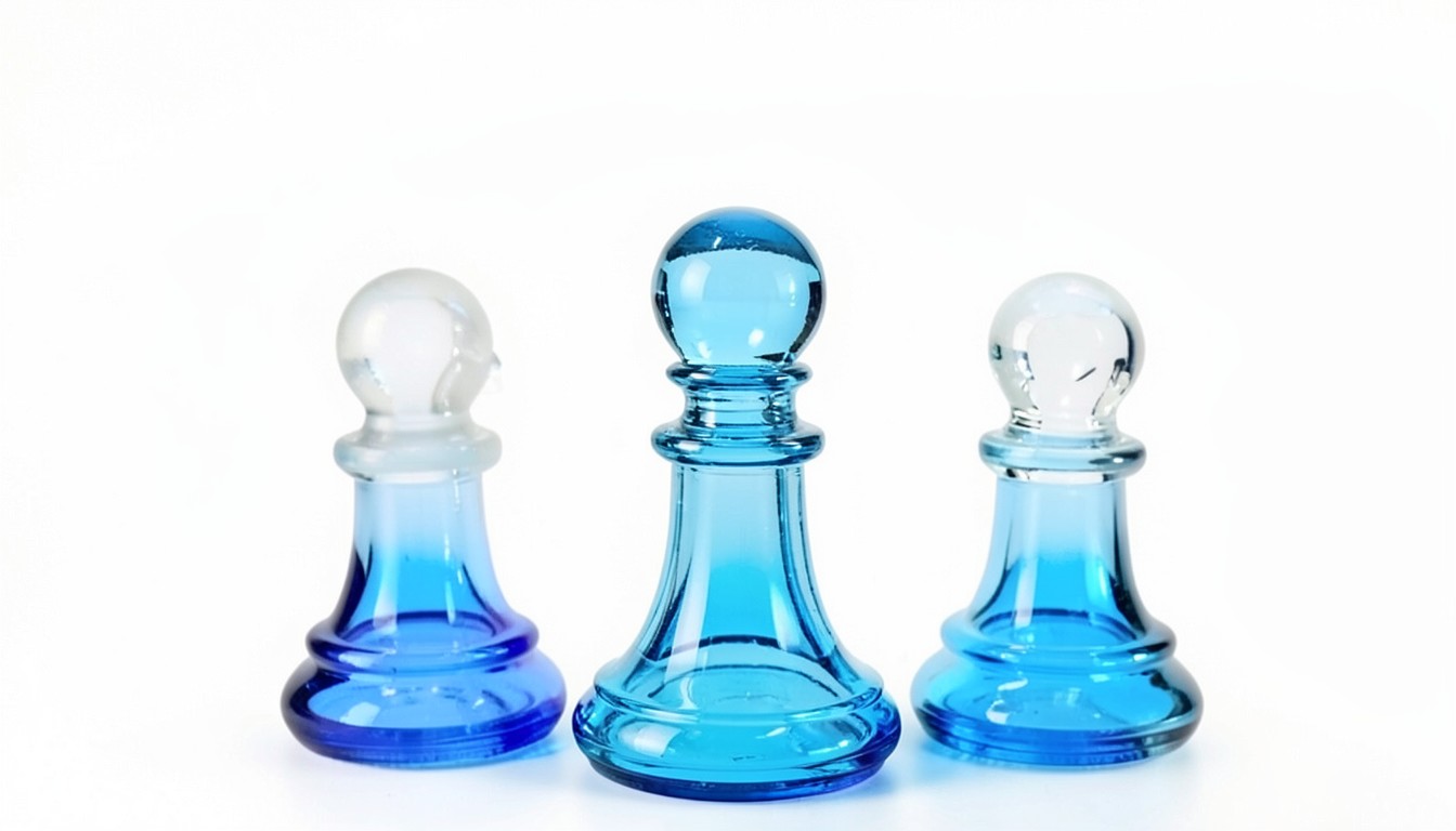 Three translucent blue glass chess pawns, the centre one crisp and vividly clear, the two beside it softer and part frosted.