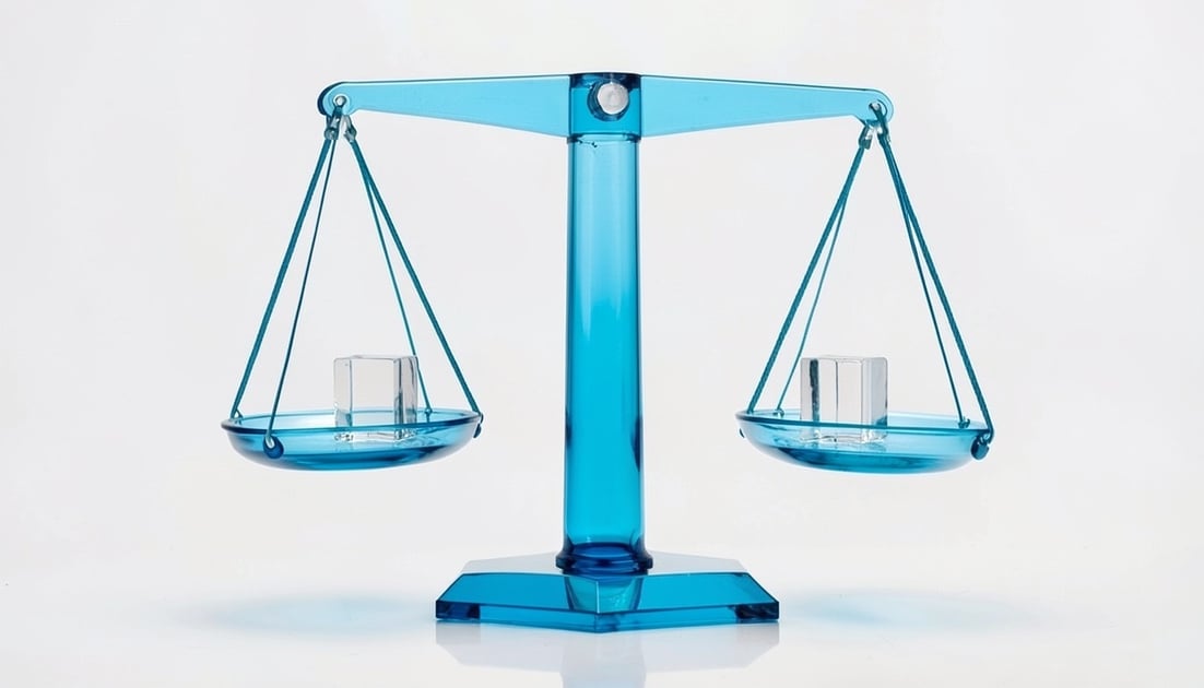 A blue glass balance scale with its two pans hanging level, a small clear glass cube in each pan