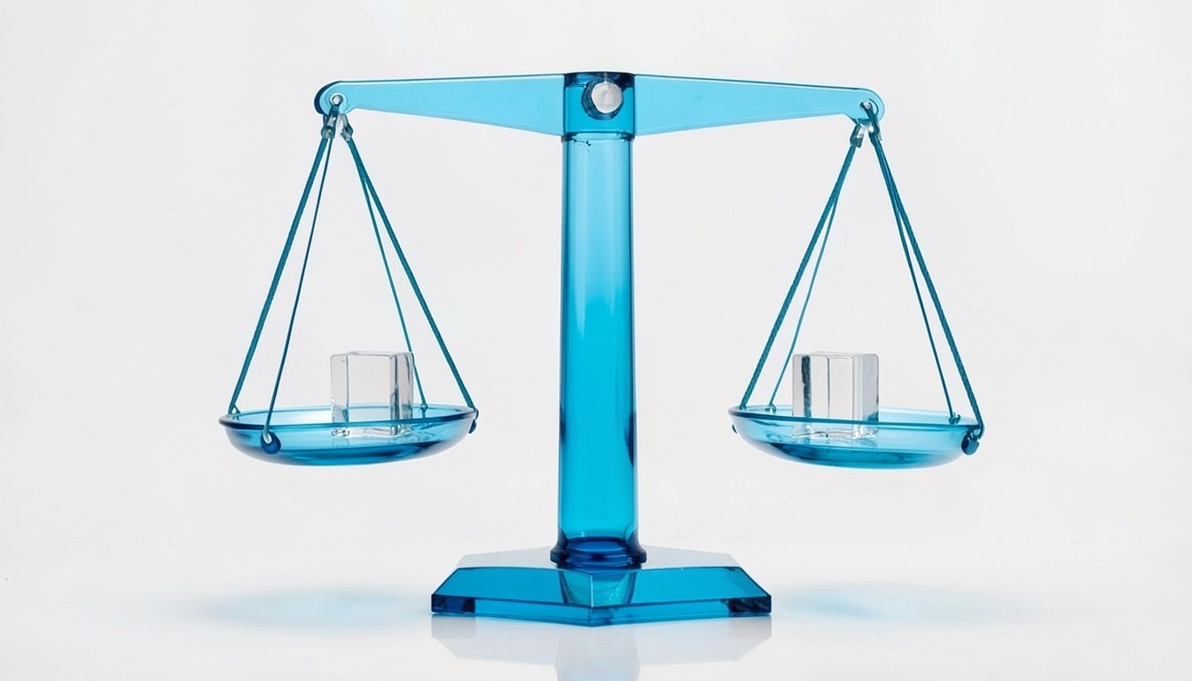 A blue glass balance scale with its two pans hanging level, a small clear glass cube in each pan