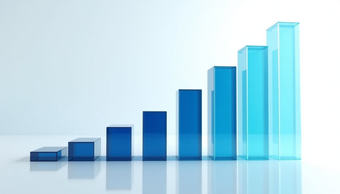 Glass bar chart rising left to right, the earlier bars solid deep blue and the later ones increasingly transparent