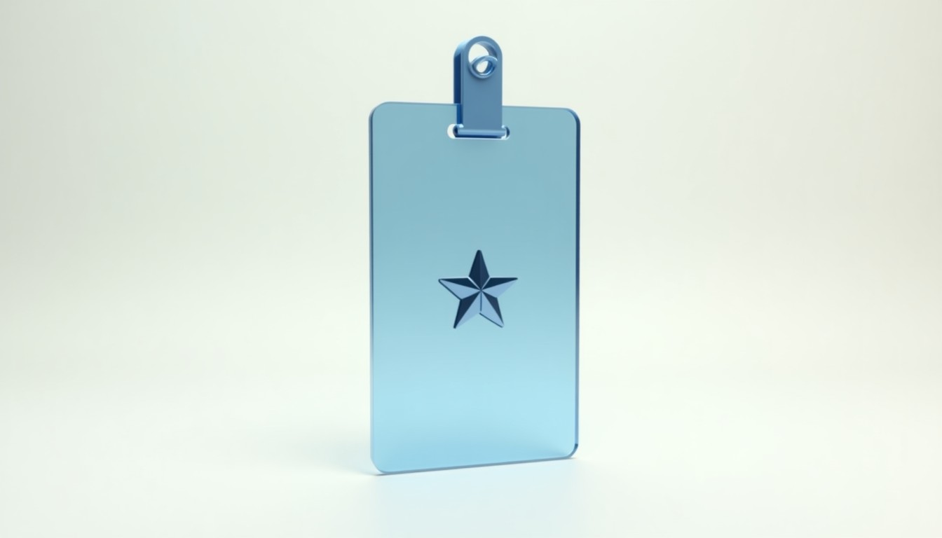 A glass ID badge with a star emblem