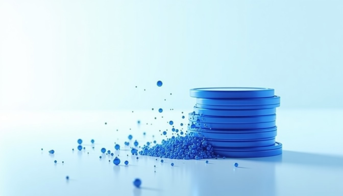 Blue coin stack dissolving into scattered data particles